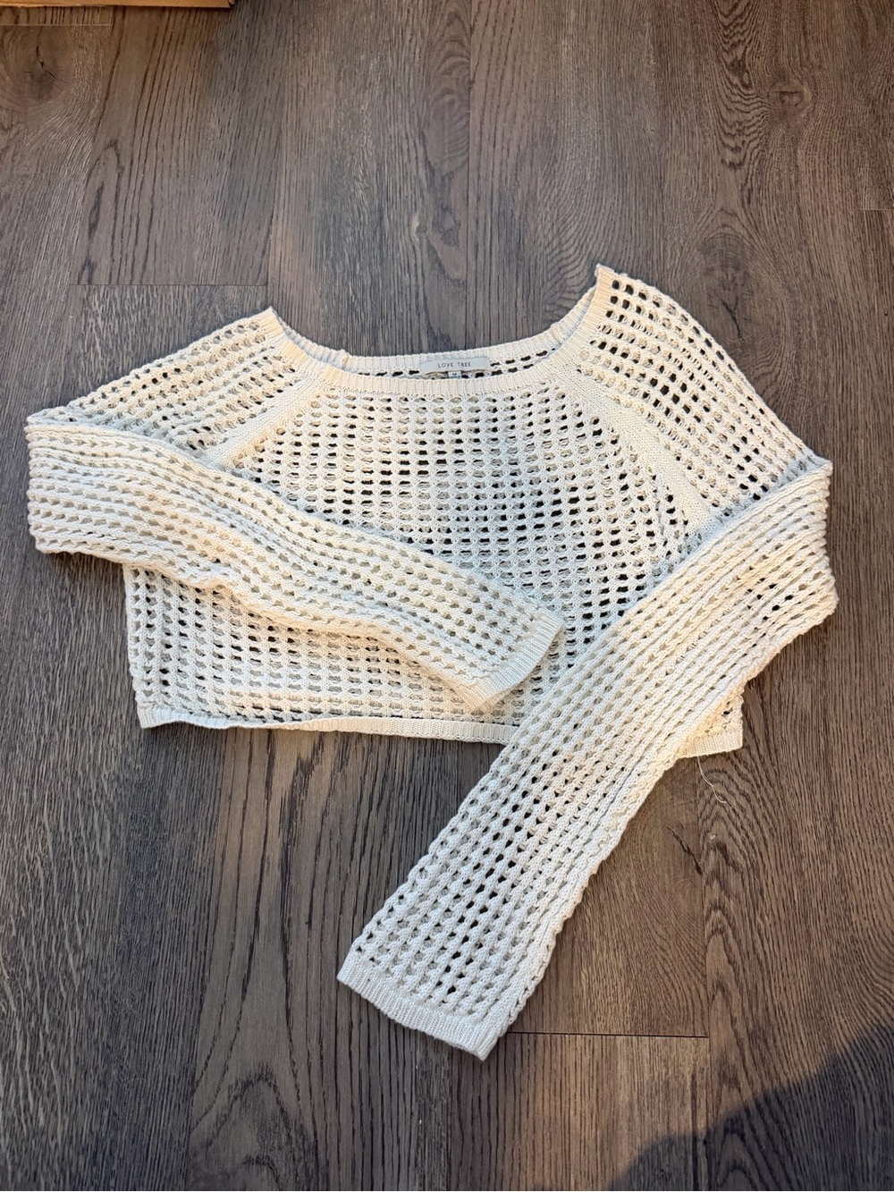 Love Tree Cream Crochet Open-Weave Long Sleeve Crop Sweater